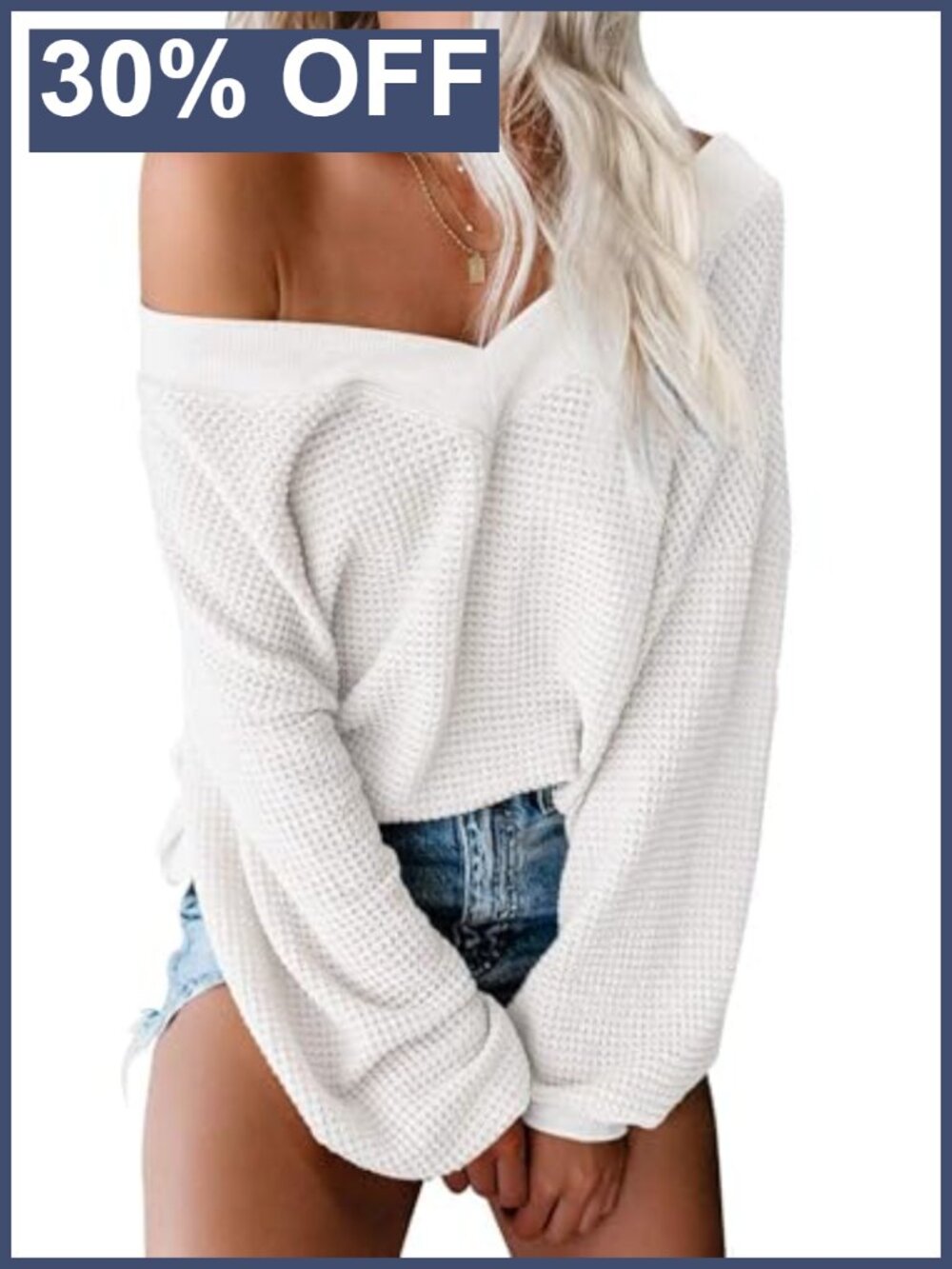 Waffle Knit Off Shoulder Oversized Sweater Top Bell Sleeve